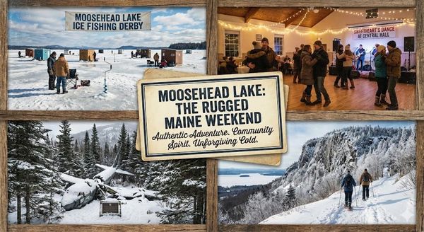 Four-panel collage for "Moosehead Lake: The Rugged Maine Weekend" featuring an ice fishing derby, a community dance, the B-52 crash memorial, and snowshoers at Mount Kineo.