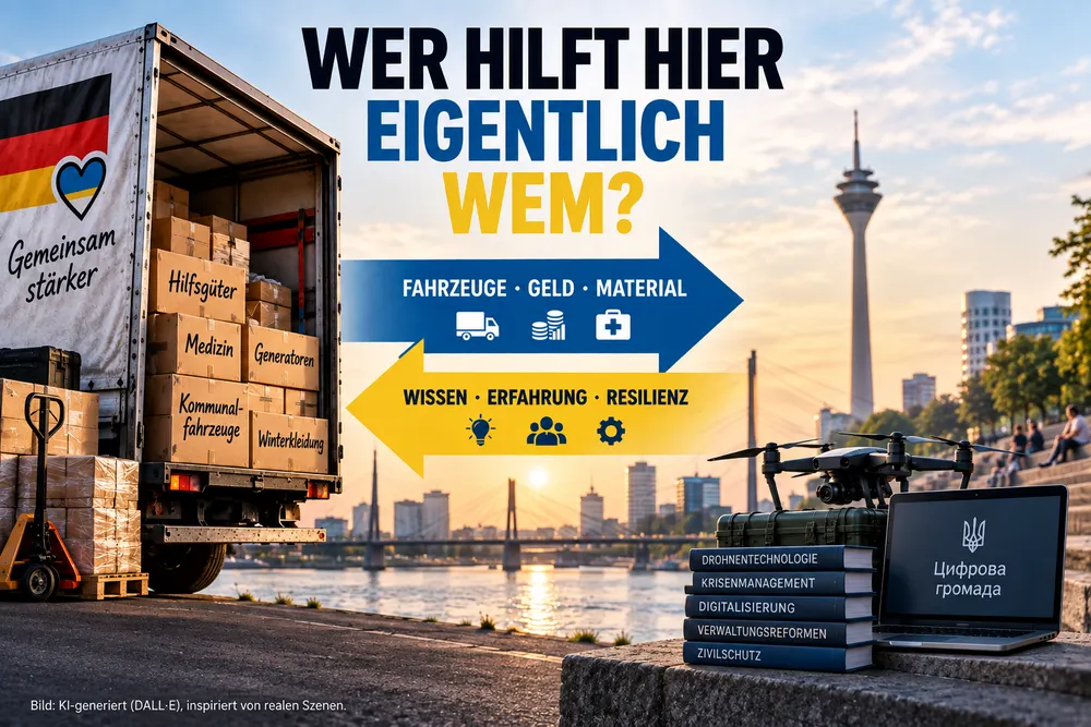 Illustration mit Hilfslastwagen auf der deutschen und Drohne, Laptop und Fachbüchern auf der ukrainischen Seite. Zwei gegenläufige Pfeile stehen für materielle Hilfe Richtung Ukraine und Wiss