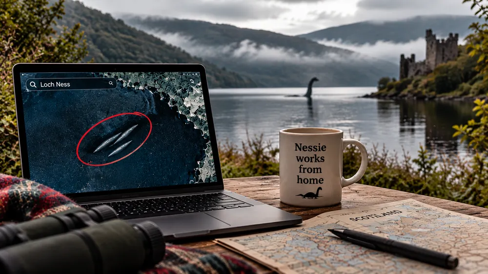 KI-Illustration von Loch Ness: Auf einem Laptop sind drei längliche Objekte in einer Satellitenansicht rot markiert. Daneben steht eine Tasse mit „Nessie works from home“; im Hintergrund ist 