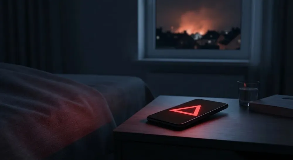 Dunkles Schlafzimmer bei Nacht. Auf dem Nachttisch leuchtet ein Smartphone mit einem roten Warndreieck, daneben ein Wasserglas und ein Buch. Durch das Fenster ein orangefarbener Feuerschein ü