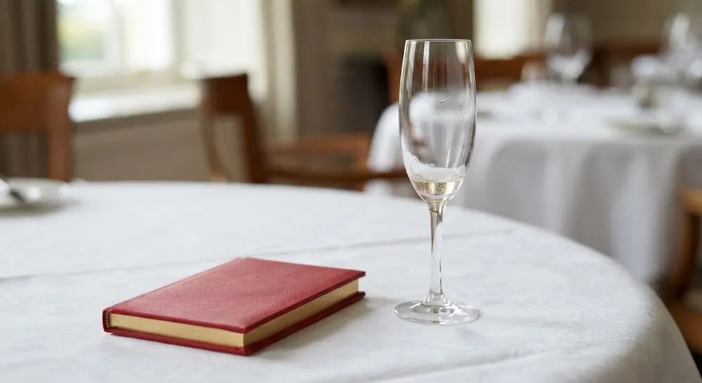 Ein fast leeres Champagnerglas auf einem weißen Tischtuch, daneben ein zugeklapptes rotes Mitgliedsbuch.
