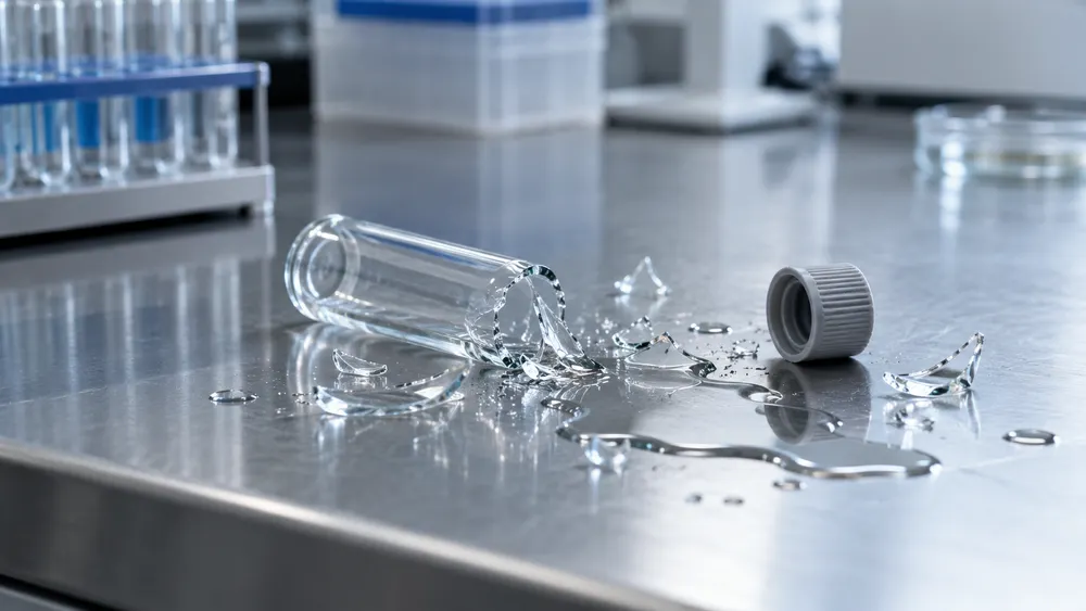 KI-generiertes Bild: Ein zerbrochenes Reagenzglas mit verschütteter Flüssigkeit auf einer Edelstahl-Arbeitsfläche in einem Labor.