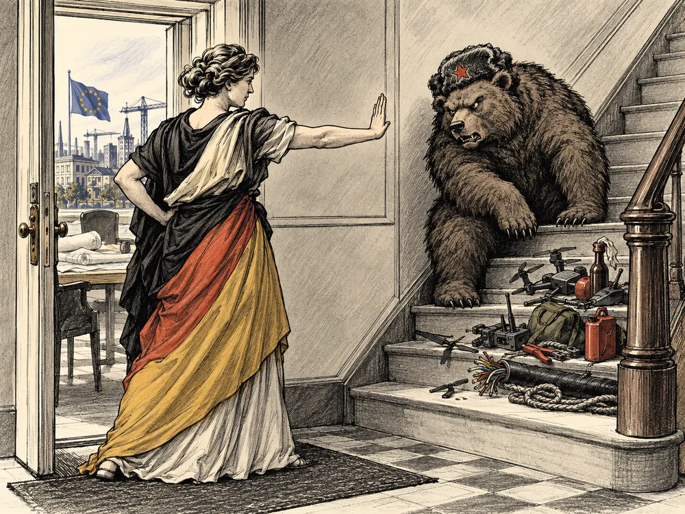 Politische Karikatur: Germania weist einen großen russischen Bären auf einer Treppe zurück. Vor dem Bären liegen Drohnen, Kabel und anderes Sabotagegerät. Im Hintergrund sind Baupläne und ein