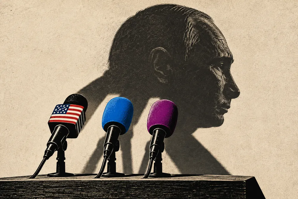 Politische Illustration: Drei Mikrofone mit US-Flagge, blauem und violettem Windschutz werfen gemeinsam einen Schatten in Form von Wladimir Putins Profil.