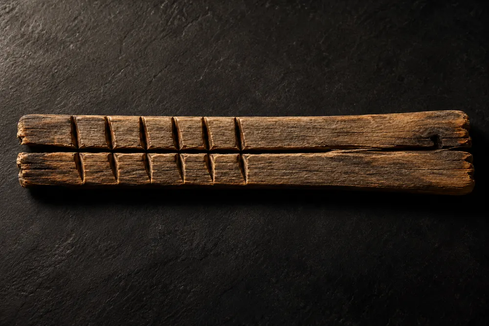 Ein der Länge nach gespaltenes altes Holzstück auf dunklem Stein. Beide Hälften tragen sechs passgenaue Kerben, der Rest des Holzes ist noch leer.