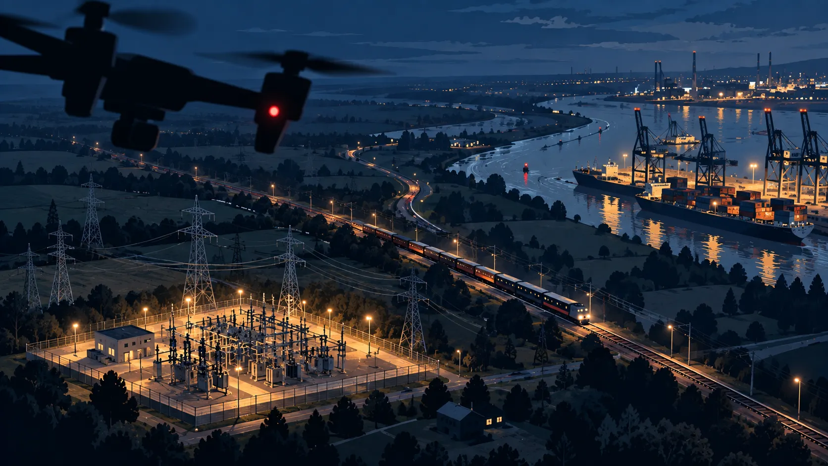 Weitwinklige nächtliche Illustration einer Industrielandschaft mit Umspannwerk, Bahnstrecke und Hafen. Im Vordergrund schwebt eine Drohne über der beleuchteten Infrastruktur.