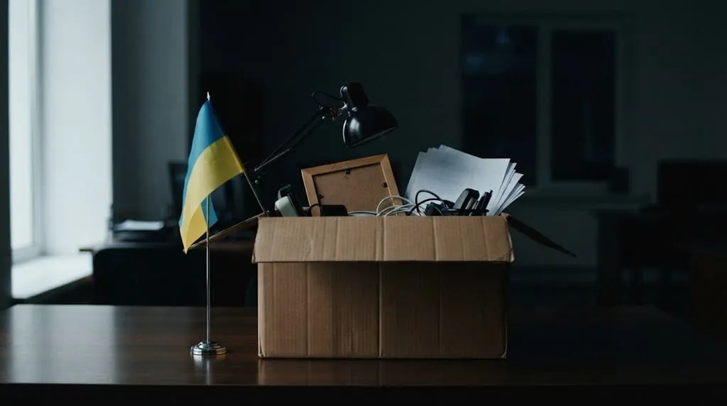 Ein Umzugskarton mit Büroutensilien auf einem Schreibtisch in einem dunklen Büro, daneben steht ein kleines ukrainisches Tischfähnchen.
