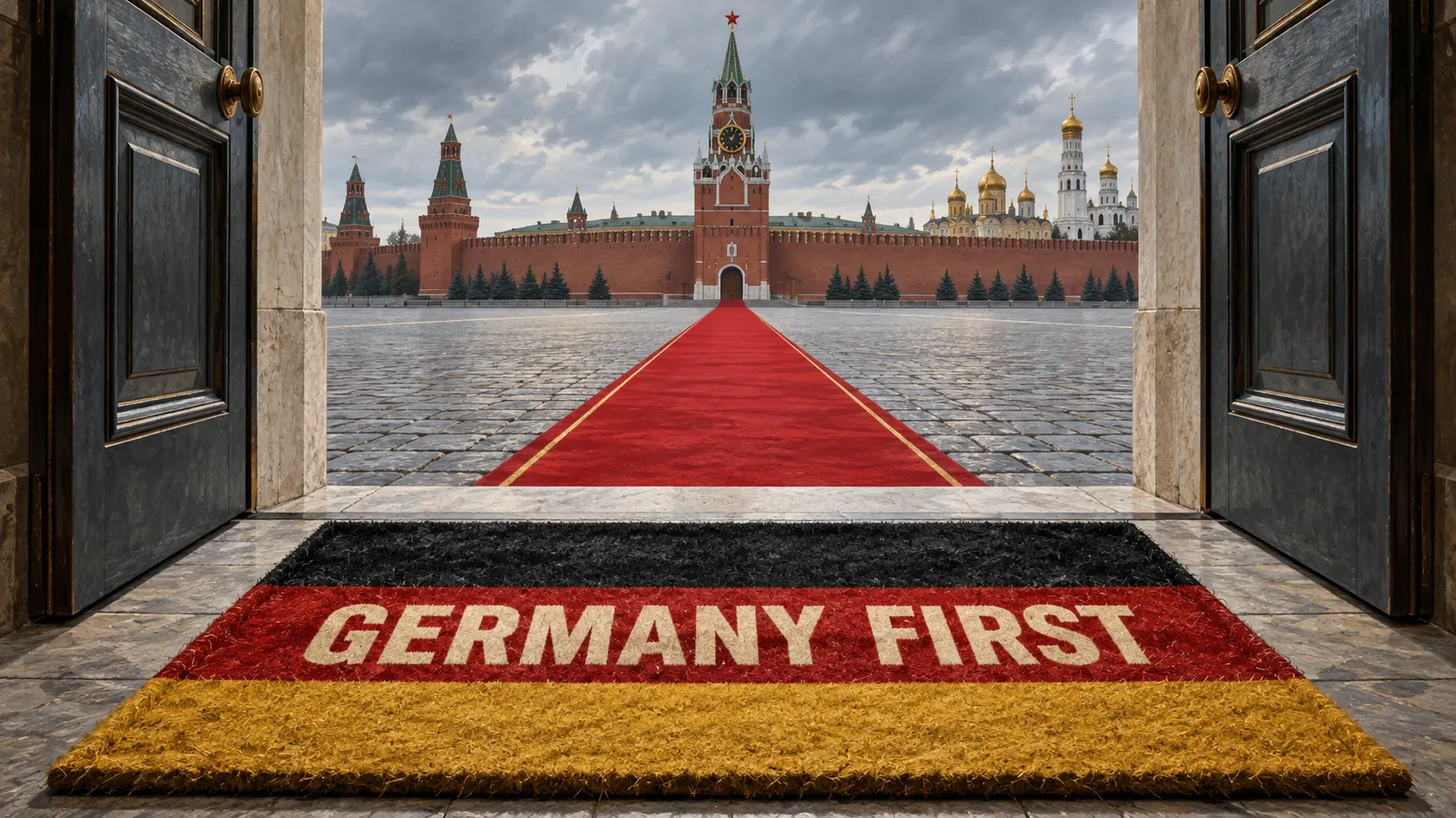 Blick durch eine geöffnete Flügeltür auf den Roten Platz in Moskau. Ein roter Teppich führt über das Kopfsteinpflaster zum Spasski-Turm des Kreml. Davor, auf der Türschwelle, liegt eine Fußma
