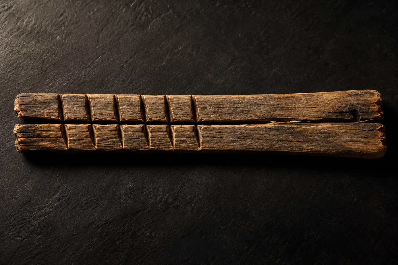 Ein der Länge nach gespaltenes altes Holzstück auf dunklem Stein. Beide Hälften tragen sechs passgenaue Kerben, der Rest des Holzes ist noch leer.