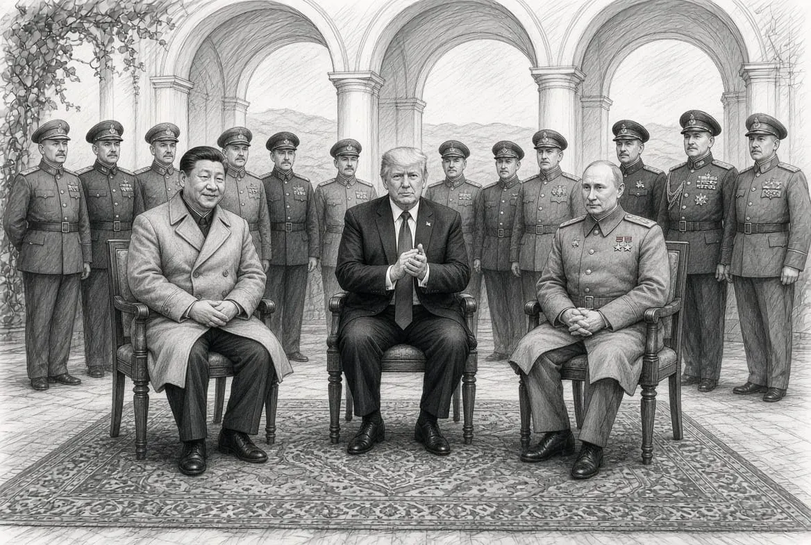 KI-Illustration im Bleistiftstil nach dem Vorbild des Jalta-Fotos von 1945: Xi Jinping, Donald Trump und Wladimir Putin sitzen nebeneinander auf Stühlen unter Säulenarkaden, Putin in Stalins 