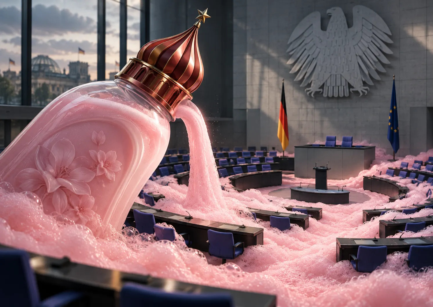 Eine riesige Weichspülerflasche mit einer roten Zwiebelkuppel samt Kremlstern als Verschluss ergießt rosa Schaum in den leeren Plenarsaal des Bundestags. Der Schaum füllt die Sitzreihen bis z