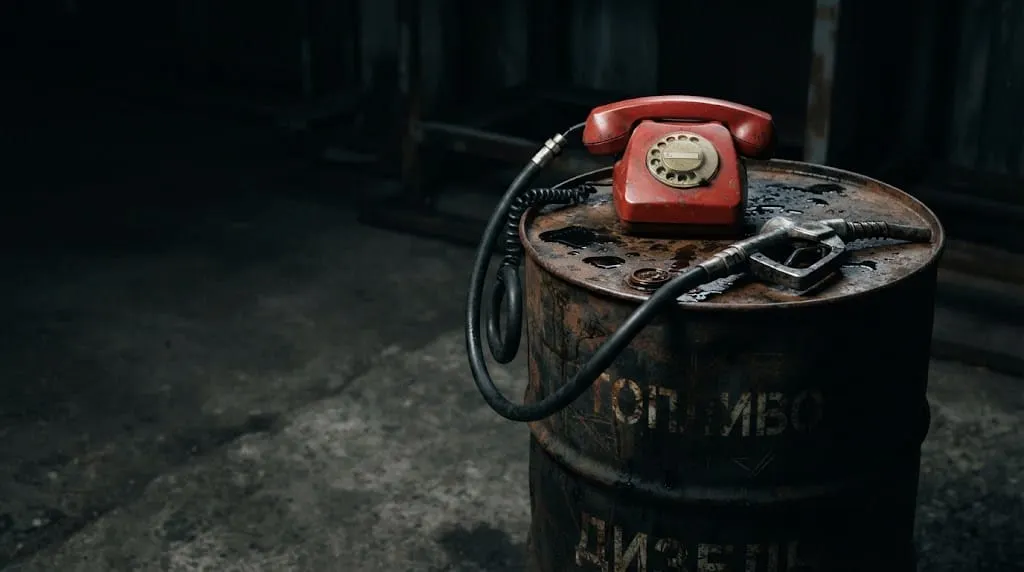 Ein rotes Wählscheibentelefon steht auf einem rostigen Ölfass mit der kyrillischen Aufschrift „Topliwo“ (Treibstoff) und „Disel“. Vom Telefonhörer führt ein schwarzer Tankschlauch zu einer Za