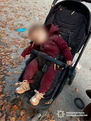 Ein getötetes Kleinkind im weinroten Overall und mit hellen Turnschuhen sitzt angeschnallt in einem schwarzen Kinderwagen auf einem Weg voller Herbstlaub. Das Gesicht ist unkenntlich gemacht.