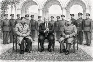KI-Illustration im Bleistiftstil nach dem Vorbild des Jalta-Fotos von 1945: Xi Jinping, Donald Trump und Wladimir Putin sitzen nebeneinander auf Stühlen unter Säulenarkaden, Putin in Stalins 