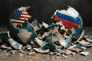 Ein zerbrochener Globus auf dunklem Grund: Links steht noch eine Hälfte mit der US-Flagge über Nordamerika, rechts eine Hälfte mit der russischen Flagge über Russland. Dazwischen liegt Europa