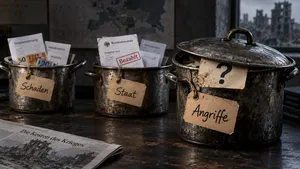 Drei alte Metalltöpfe auf einem dunklen Holztisch, jeder mit einem Papieranhänger. Im ersten, „Schaden“, stecken Strom- und Gasrechnungen und Geldscheine. Im zweiten, „Staat“, Haushaltsunterl