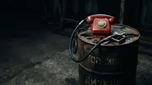 Ein rotes Wählscheibentelefon steht auf einem rostigen Ölfass mit der kyrillischen Aufschrift „Topliwo“ (Treibstoff) und „Disel“. Vom Telefonhörer führt ein schwarzer Tankschlauch zu einer Za