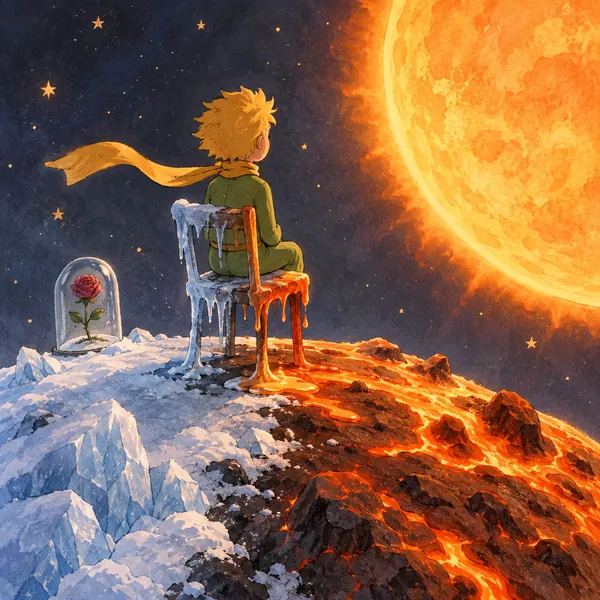 Illustration: Der kleine Prinz mit gelbem Schal sitzt auf einem Stuhl auf einem winzigen Planeten und blickt auf einen riesigen orangefarbenen Stern. Die linke Planetenhälfte ist vereist, die