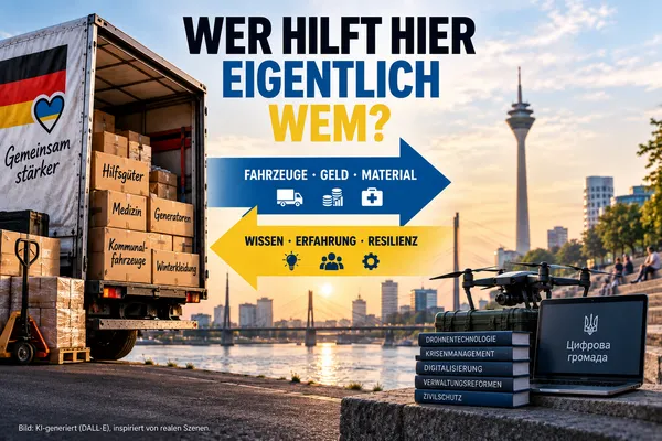 Illustration mit Hilfslastwagen auf der deutschen und Drohne, Laptop und Fachbüchern auf der ukrainischen Seite. Zwei gegenläufige Pfeile stehen für materielle Hilfe Richtung Ukraine und Wiss
