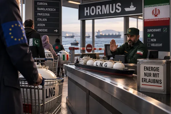 Illustration: Menschen mit Einkaufswagen voller Flüssiggas-Tanks stehen in einer Schlange vor einem Schalter mit der Aufschrift „Hormus“. Ganz hinten eine Person mit EU-Flagge am Ärmel, weite