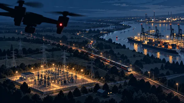 Weitwinklige nächtliche Illustration einer Industrielandschaft mit Umspannwerk, Bahnstrecke und Hafen. Im Vordergrund schwebt eine Drohne über der beleuchteten Infrastruktur.