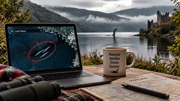 KI-Illustration von Loch Ness: Auf einem Laptop sind drei längliche Objekte in einer Satellitenansicht rot markiert. Daneben steht eine Tasse mit „Nessie works from home“; im Hintergrund ist 