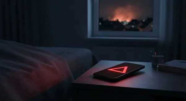 Dunkles Schlafzimmer bei Nacht. Auf dem Nachttisch leuchtet ein Smartphone mit einem roten Warndreieck, daneben ein Wasserglas und ein Buch. Durch das Fenster ein orangefarbener Feuerschein ü