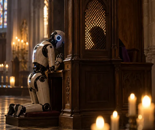 Ein humanoider Roboter kniet in einer alten Kirche vor einem hölzernen Beichtstuhl. Hinter dem Gitter ist schemenhaft ein Mensch zu erkennen.