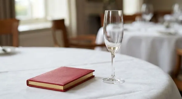Ein fast leeres Champagnerglas auf einem weißen Tischtuch, daneben ein zugeklapptes rotes Mitgliedsbuch.