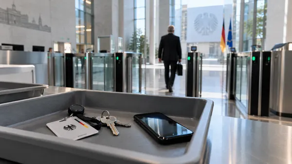 Die Eingangshalle eines Regierungsgebäudes. Im Vordergrund liegen in einer grauen Kunststoffschale ein Dienstausweis mit Bundesadler, ein Schlüsselbund und ein Mobiltelefon. Dahinter geht ein