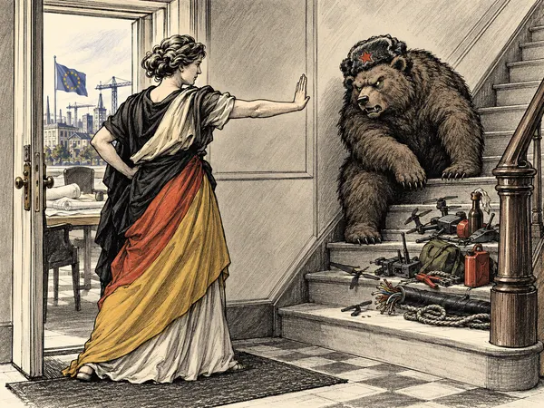 Politische Karikatur: Germania weist einen großen russischen Bären auf einer Treppe zurück. Vor dem Bären liegen Drohnen, Kabel und anderes Sabotagegerät. Im Hintergrund sind Baupläne und ein