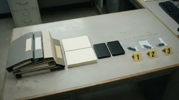 Ein grauer Bürotisch von schräg oben. Darauf liegen ordentlich aufgereiht ein Stapel grauer und beiger Aktenordner, zwei Stapel Papier, zwei schwarze externe Festplatten und drei USB-Sticks i