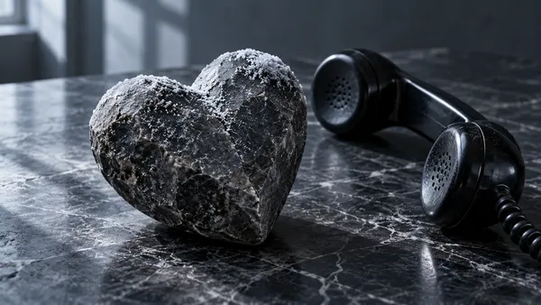 Ein gefrorenes Herz aus dunklem Stein liegt auf einer Marmorplatte, daneben ein abgenommener schwarzer Telefonhörer.