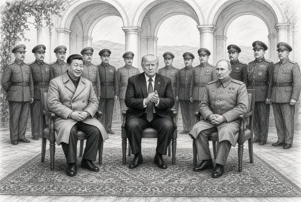 KI-Illustration im Bleistiftstil nach dem Vorbild des Jalta-Fotos von 1945: Xi Jinping, Donald Trump und Wladimir Putin sitzen nebeneinander auf Stühlen unter Säulenarkaden, Putin in Stalins 