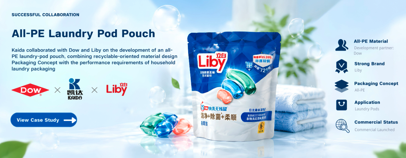 Project graphic naming the Dow, Kaida and Liby collaboration on an all-PE laundry-pod pouch