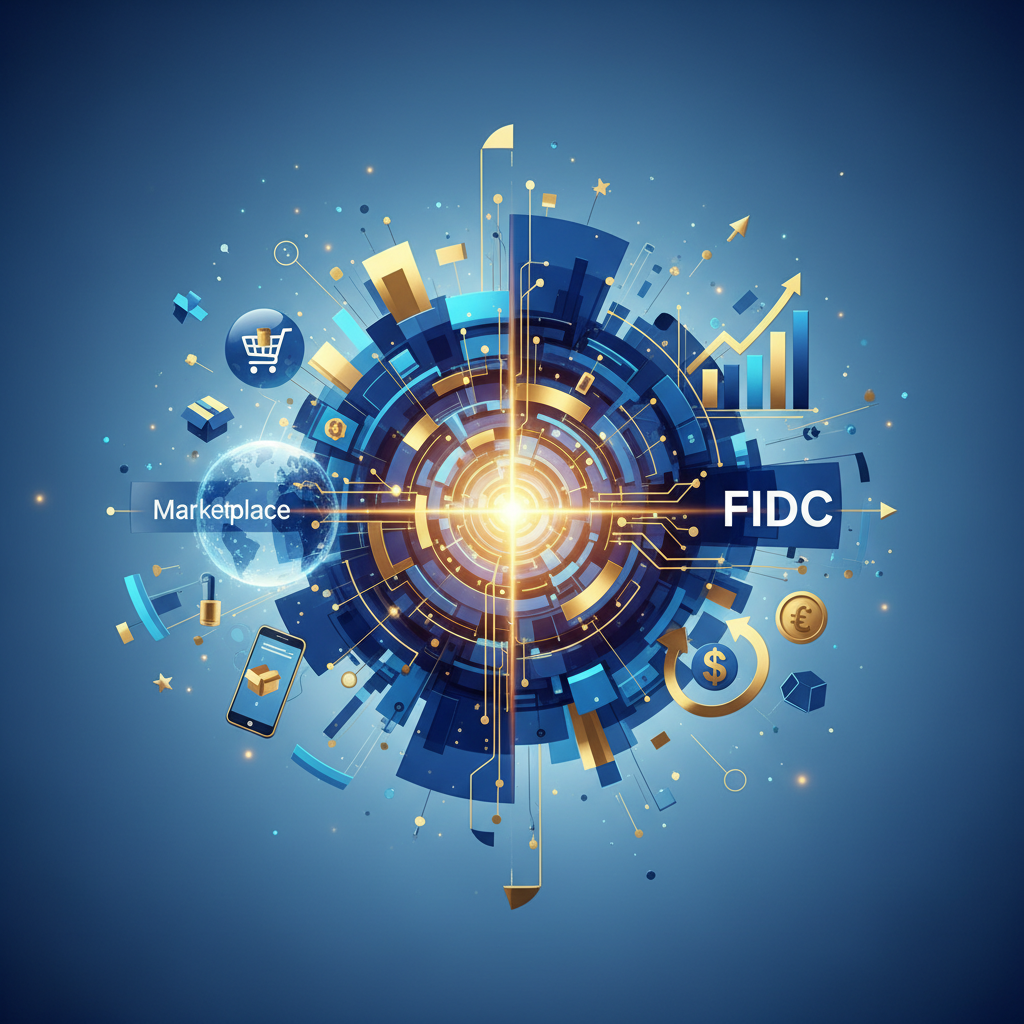 Representação abstrata da fusão entre um marketplace digital e a estrutura de um FIDC, com tons de azul e dourado.