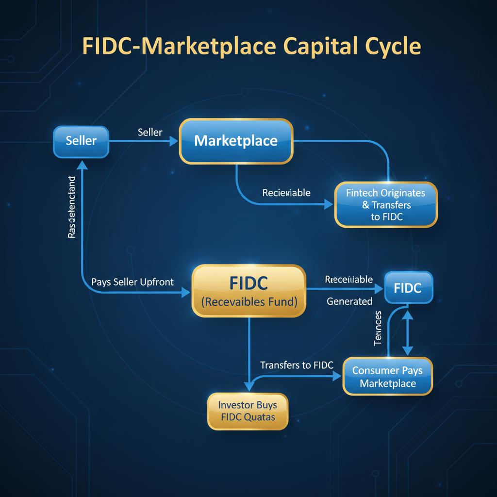 Diagrama de fluxo do ciclo de capital de um FIDC-Marketplace, da venda à liquidação.