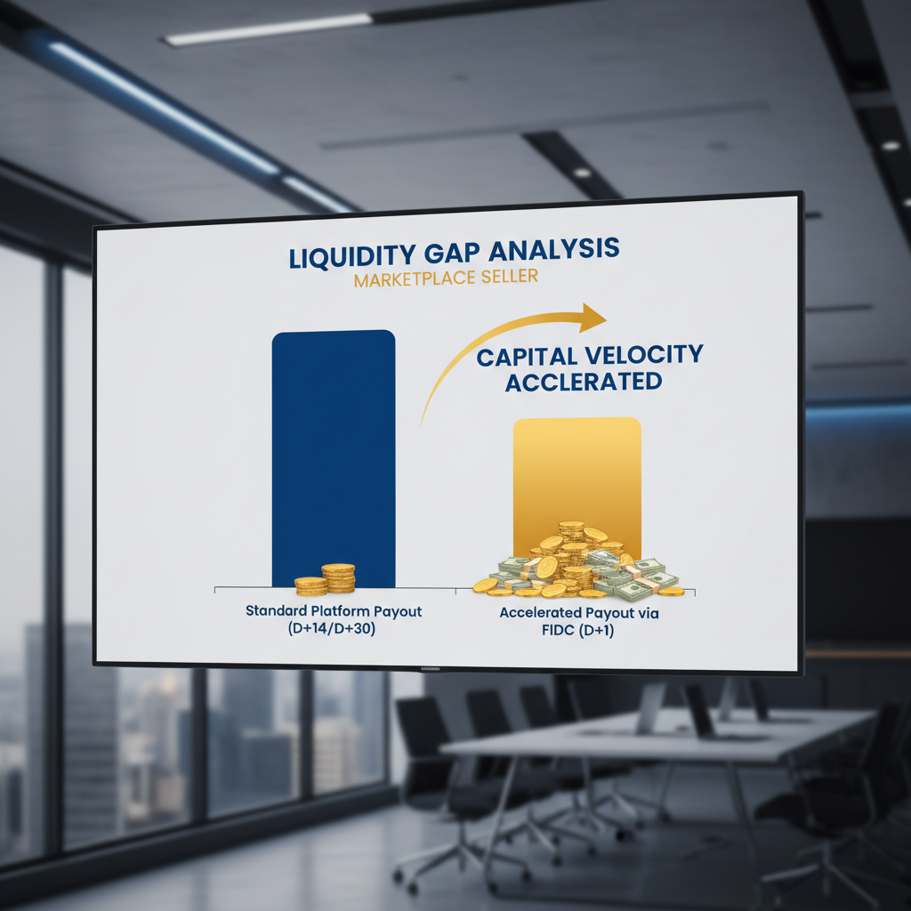 Gráfico comparativo do Gap de Liquidez de um seller, mostrando o ciclo de pagamento padrão vs. o ciclo com antecipação via FIDC.