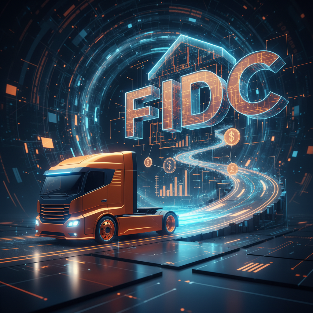 Imagem conceitual que funde a imagem de um caminhão em alta velocidade em uma estrada digital com a estrutura de um FIDC, em tons de azul-marinho e laranja.