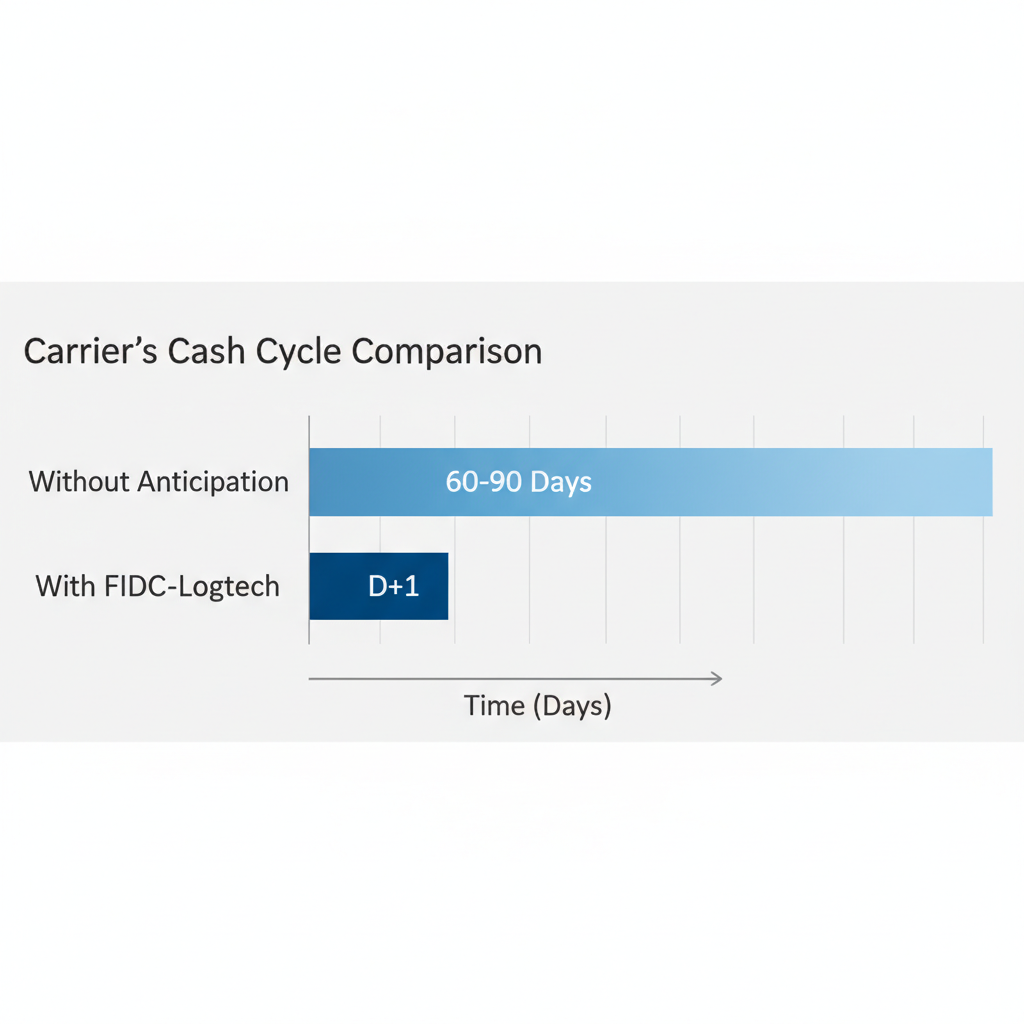 Gráfico de barras comparando o Ciclo de Caixa da Transportadora com e sem a antecipação via FIDC-Logtech.
