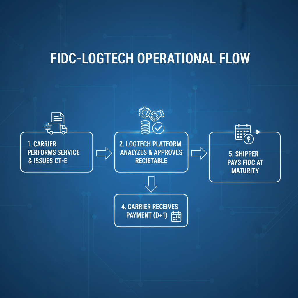 Diagrama de fluxo da operação de um FIDC-Logtech, da emissão do CT-e à liquidação.