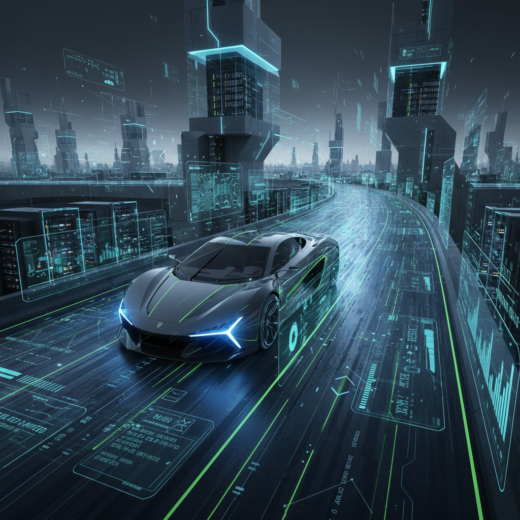 Imagem conceitual que funde a imagem de um carro moderno em uma estrada digital com a estrutura de um FIDC, em tons de grafite e azul cobalto.