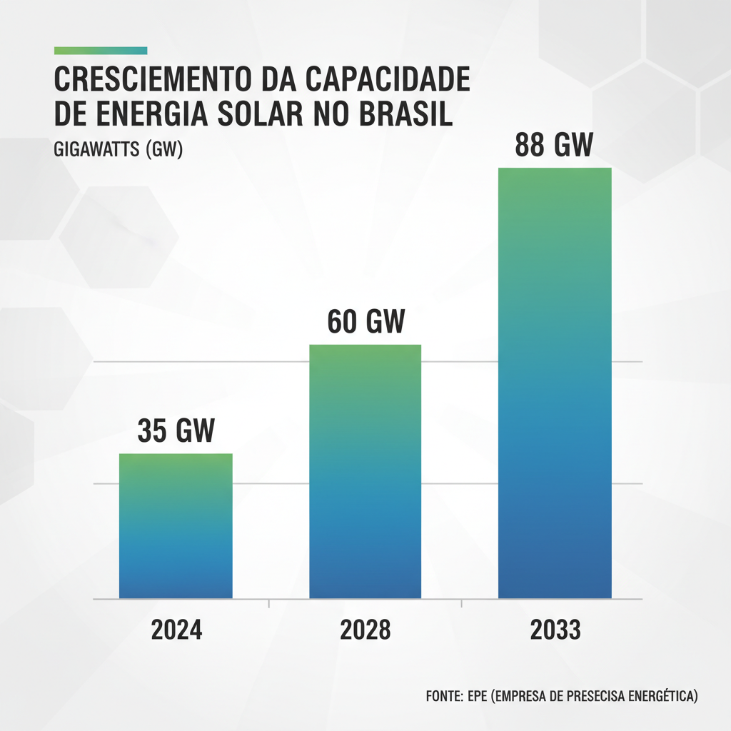 Gráfico de barras projetando o crescimento da capacidade de energia solar no Brasil em Gigawatts (GW) para os anos de 2024, 2028 e 2033.