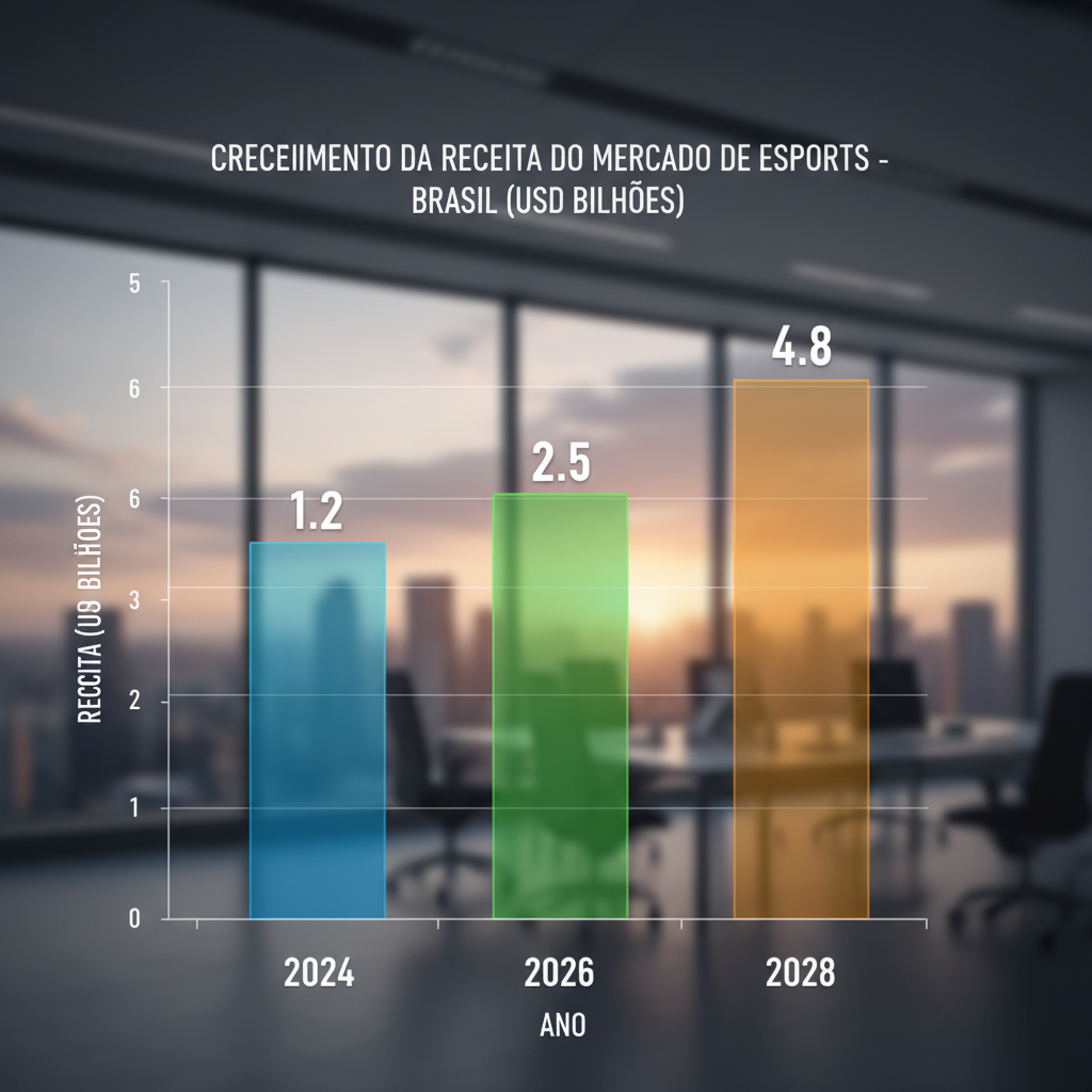 Gráfico de barras projetando o crescimento da receita do mercado de eSports no Brasil.
