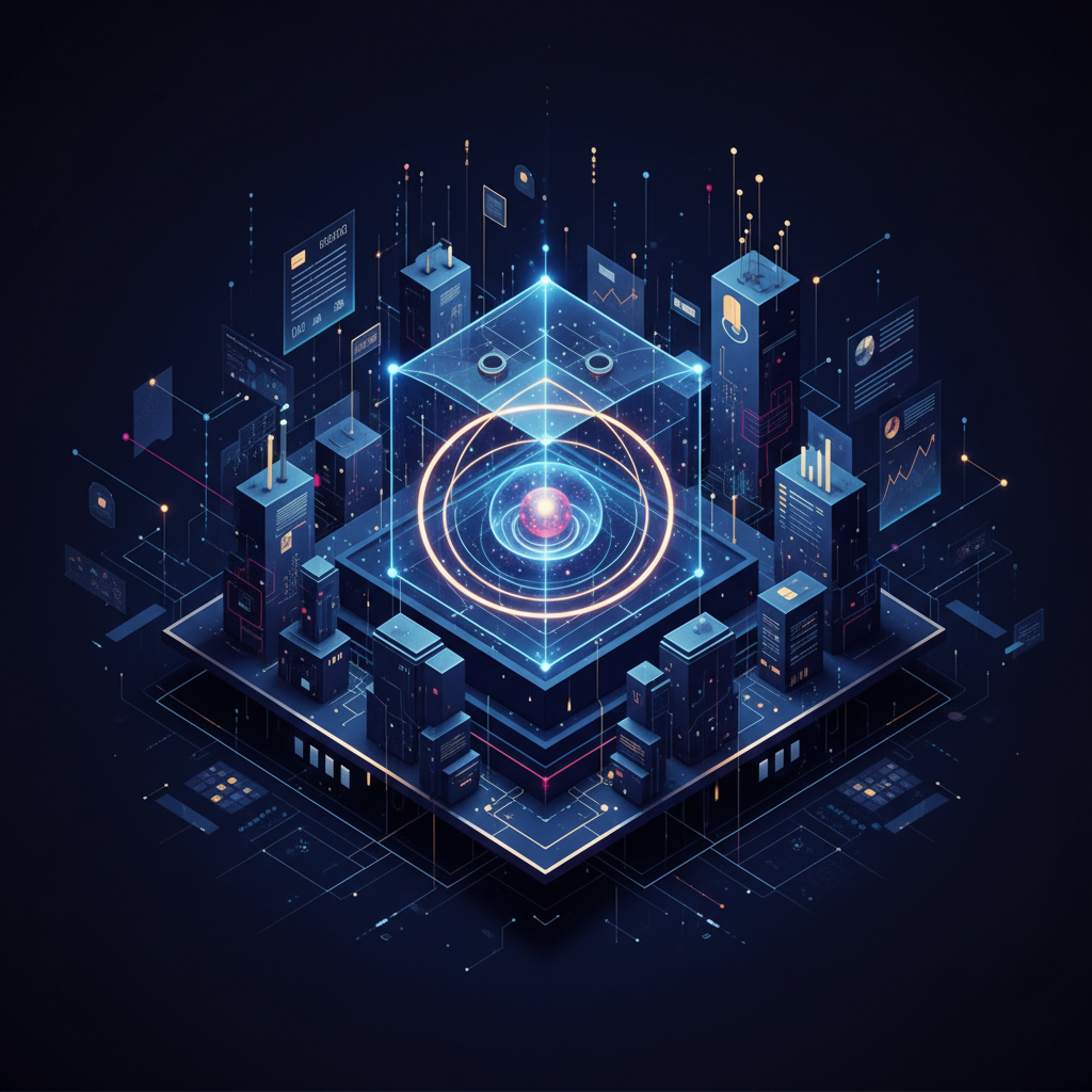 Imagem conceitual que funde a estrutura atômica de um qubit com a arquitetura de um FIDC, em tons de azul neon e roxo, simbolizando a fusão da computação quântica com o mercado financeiro.