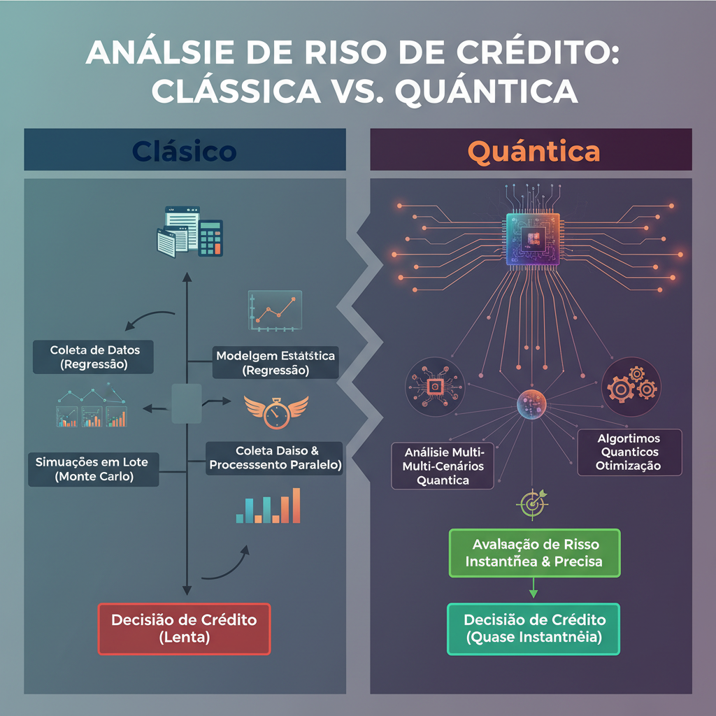 Diagrama de fluxo comparativo da Análise de Risco de Crédito: Clássica vs. Quântica.