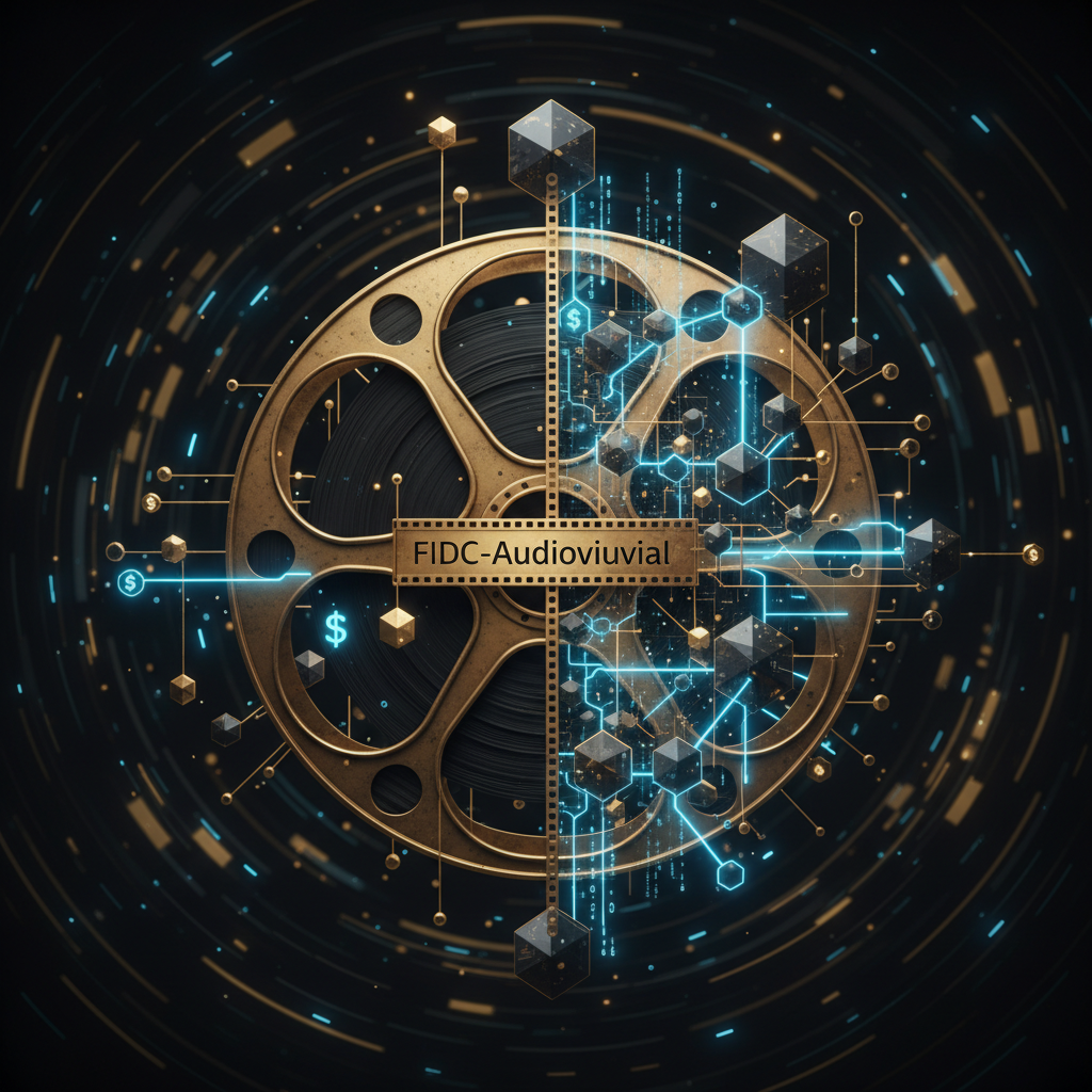 Imagem conceitual que funde um rolo de filme cinematográfico antigo com a estrutura molecular de um ativo financeiro digital, em tons de ouro, preto e azul neon.