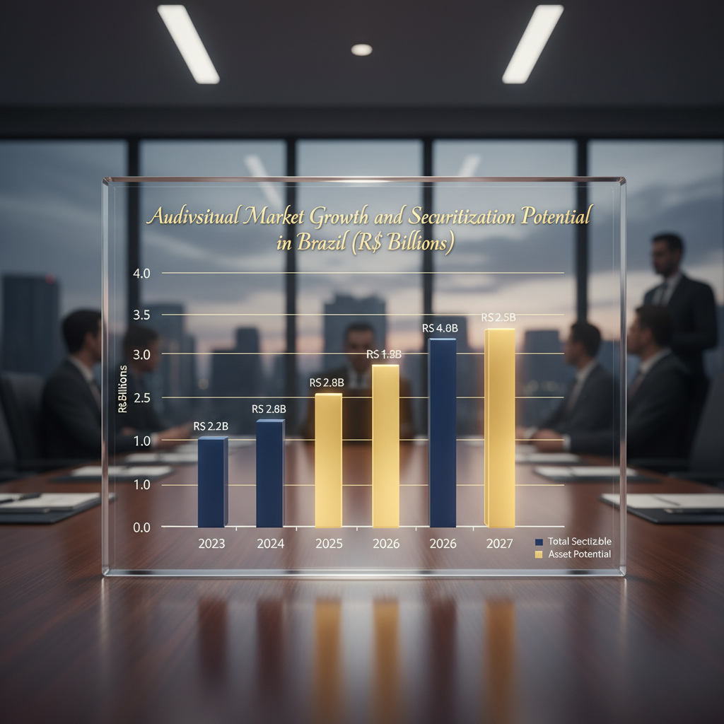 Gráfico de barras projetando o Crescimento do Mercado Audiovisual e Potencial de Securitização no Brasil.