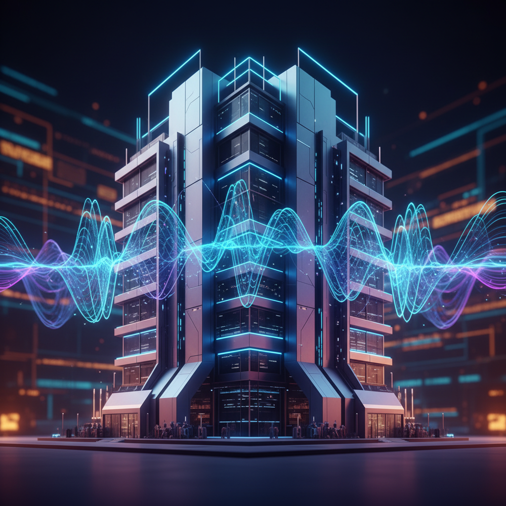 Imagem conceitual que funde a imagem de ondas sonoras digitais e vibrantes com a estrutura arquitetônica de um FIDC (Fundo de Investimento em Direitos Creditórios). A estética deve ser sofisticada e tecnológica, usando um gradiente de cores que vai do roxo ao azul neon, simbolizando a transformação de royalties musicais em ativos financeiros líquidos.