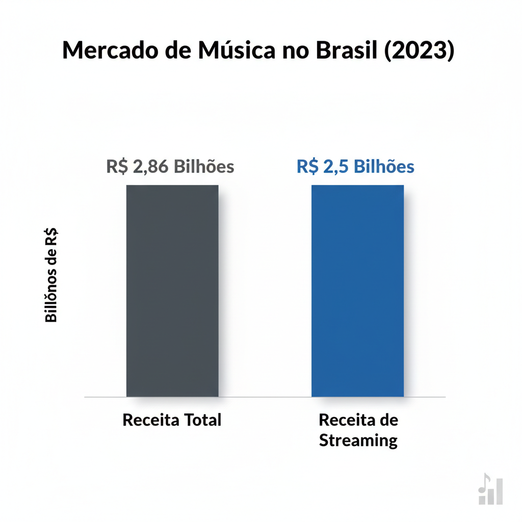 Gráfico de barras vertical, claro e profissional, intitulado Mercado de Música no Brasil (2023). Deve ter duas barras: a primeira, Receita Total, com o valor R$ 2,86 Bilhões; a segunda, Receita de Streaming, com o valor R$ 2,5 Bilhões. A barra de streaming deve ter uma cor destacada (ex: azul vibrante) e a barra total uma cor mais neutra (ex: cinza escuro).